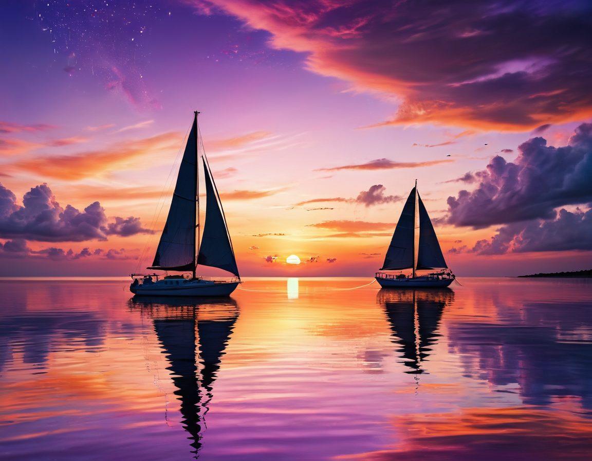A breathtaking seascape featuring a tranquil ocean sunset with vibrant hues of pink, orange, and purple. In the foreground, a beautifully designed sailboat glides smoothly over calm waters, surrounded by lush tropical islands and soft sandy beaches. Add drifting clouds, playful dolphins alongside the boat, and silhouette of a sky filled with distant stars. super-realistic. vibrant colors. white background.