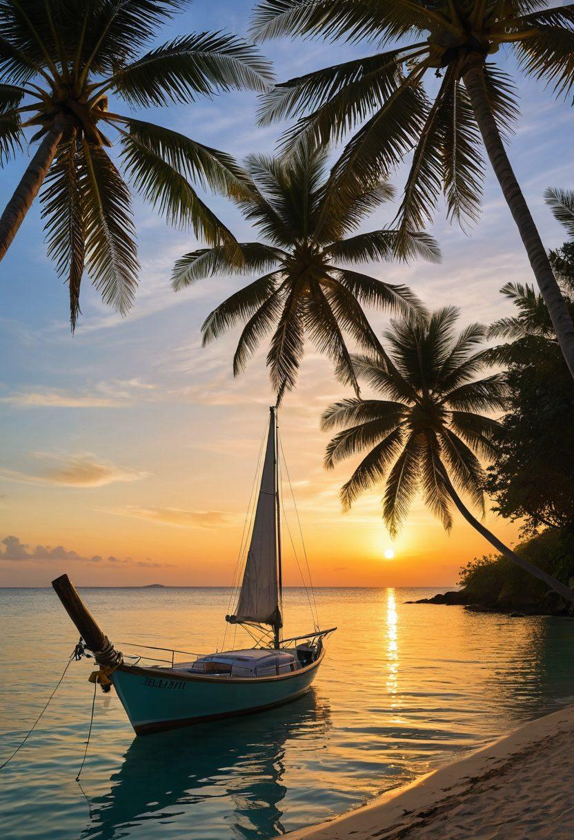 A serene sailing scene with a classic sailboat gliding over calm turquoise waters, surrounded by lush tropical islands and bright blue skies. The sun sets on the horizon, casting warm golden hues, creating a serene and inviting atmosphere. Include subtle hints of relaxation like a hammock strung between two palm trees and a refreshing cocktail on the boat. super-realistic. vibrant colors. peaceful ambiance.