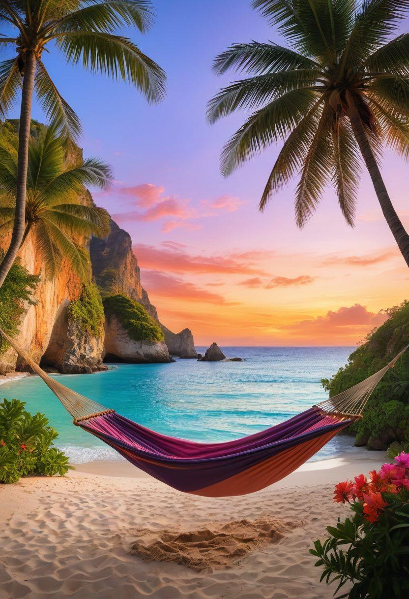 A tranquil beach scene showcasing crystal-clear turquoise waters gently lapping at the shore, with picturesque cliffs in the background adorned with lush greenery. Vibrant tropical flowers in the foreground, and a hammock strung between two palm trees inviting relaxation. A subtle sunset glow illuminates the sky with warm hues. super-realistic. vibrant colors. peaceful atmosphere.